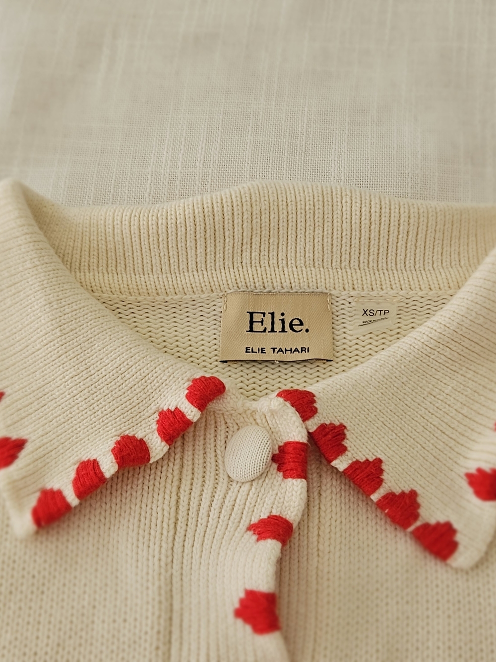 Elie Tahari Red Flower Knit Cardigan Sweater Ivory Cream XS - Picture 14 of 16